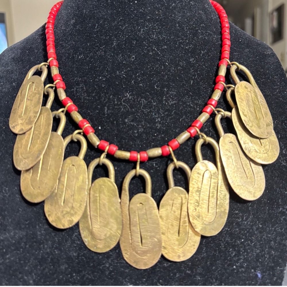 Vintage Brass Statement Necklace 20" Red Glass Bead Brass Dangle Loop Bib Tribal